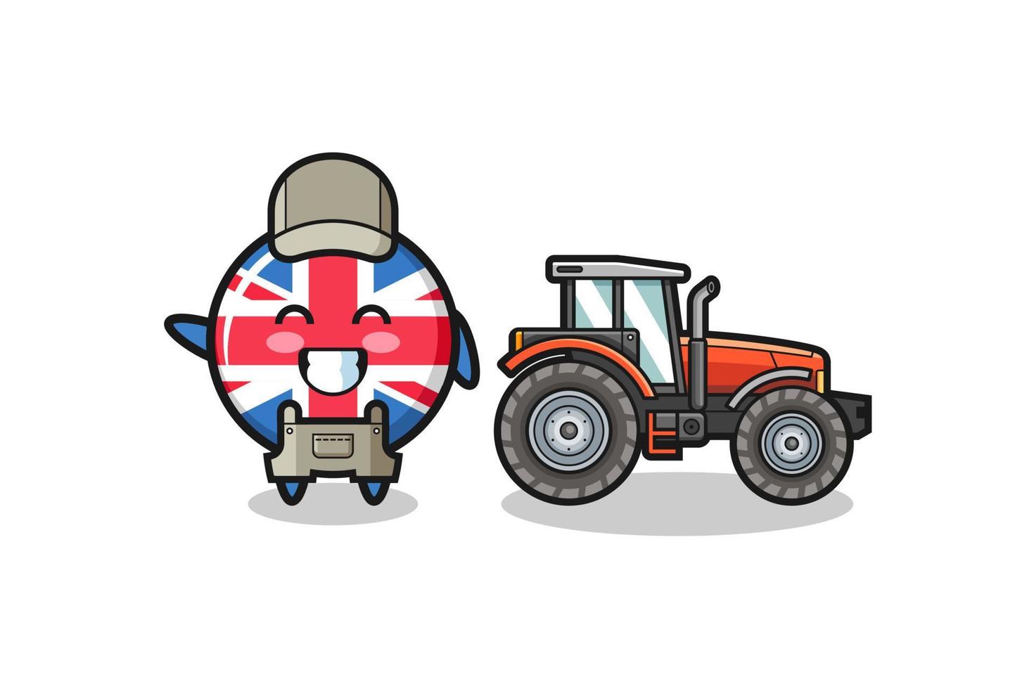 Das britische Flaggenbauernmaskottchen steht neben einem Traktor vektor