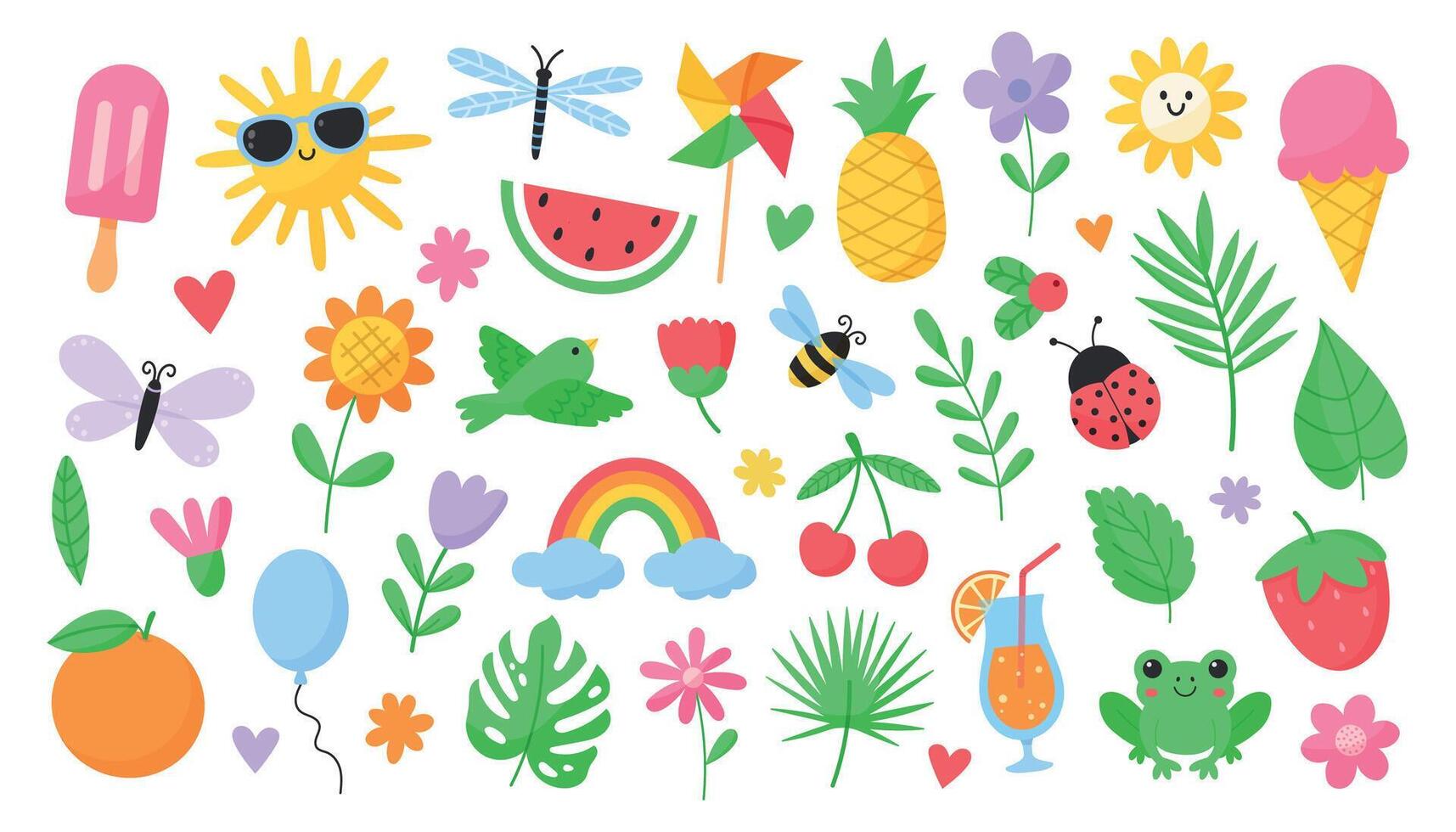 süß Sommer- Satz. Sommer Elemente. Insekten, Blumen, Pflanzen, Früchte, Beeren, Sonne, Regenbogen, Eis Creme, Getränke, Lebensmittel. Hand gezeichnet Illustration vektor