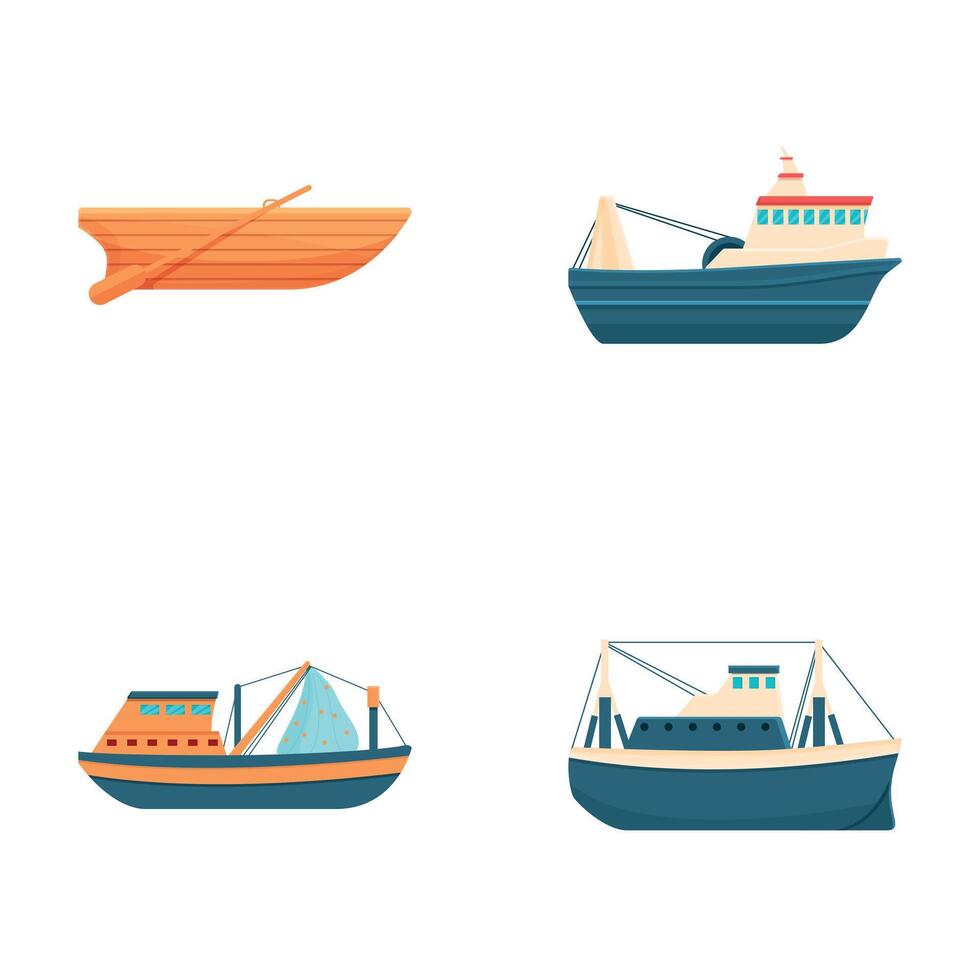 Trawler Symbole einstellen Karikatur . verschiedene kommerziell Angeln Boot vektor