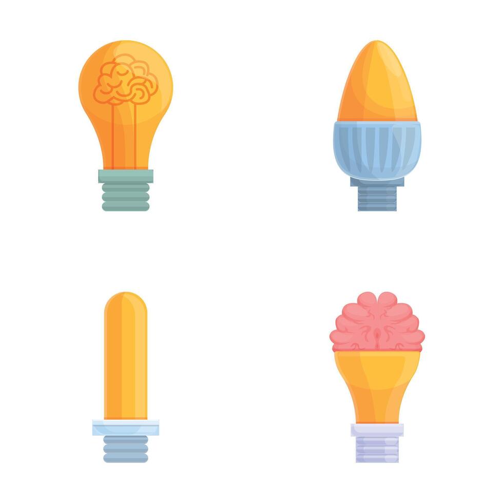 ljus Glödlampa ikoner uppsättning tecknad serie . olika lysande smart lampa vektor