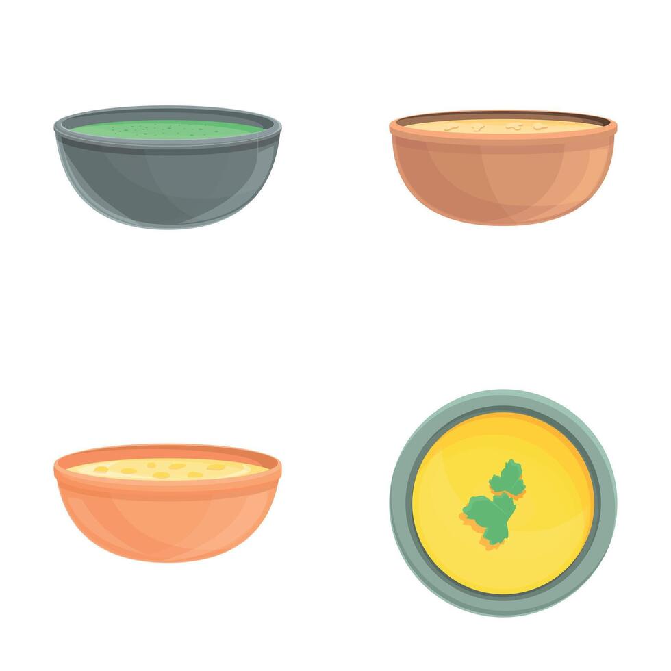 soppa puré ikoner uppsättning tecknad serie . skål av vegetabiliska soppa puré vektor