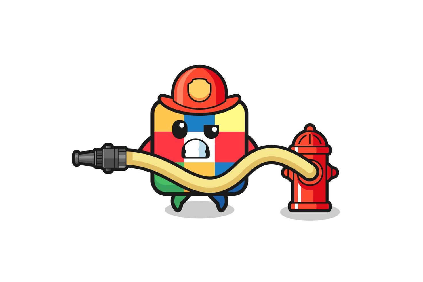 kub pussel tecknad som brandman maskot med vattenslang vektor