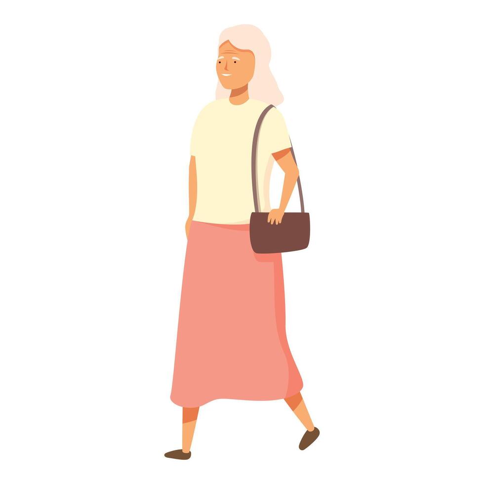 senior kvinna gående till handla ikon tecknad serie . mormor shopper vektor