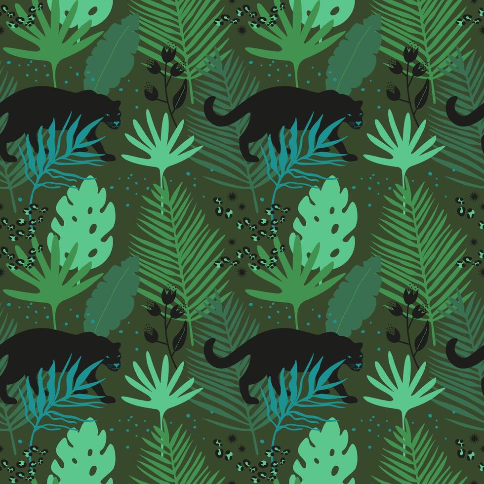 tropisch nahtlos Muster mit Panther, exotisch Blumen und Blätter. Hand gezeichnet Illustration. wiederholen Grün Hintergrund mit Pflanzen und Urwald Tiere. modisch Boho Stil zum Textil, Verpackung vektor