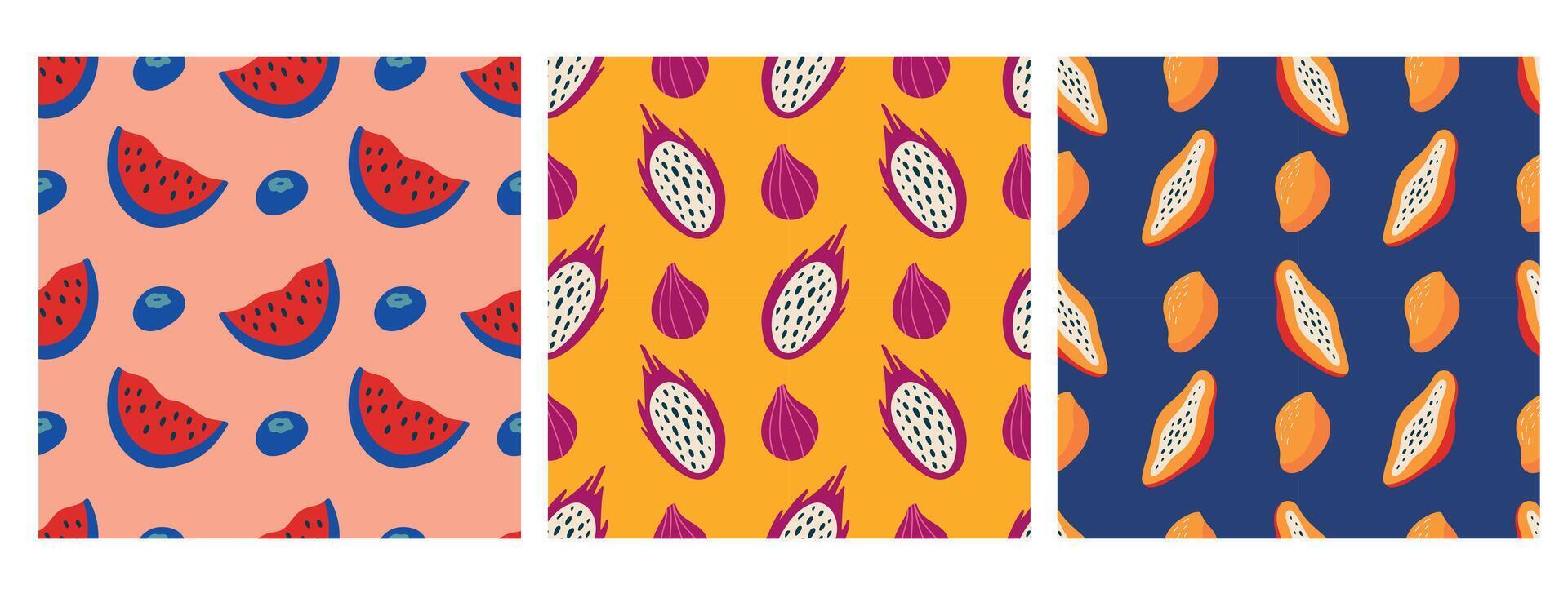 exotisk frukt sömlös mönster uppsättning. papaya, pitaya, vattenmelon. sommar mönster uppsättning för förpackning, Kläder, fall, omslag vektor