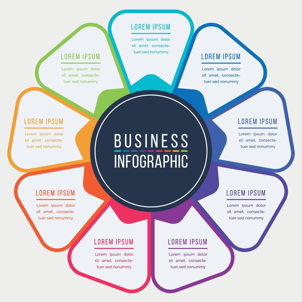 företag infographic cirkel design 9 steg, objekt, alternativ eller element företag information färgad vektor