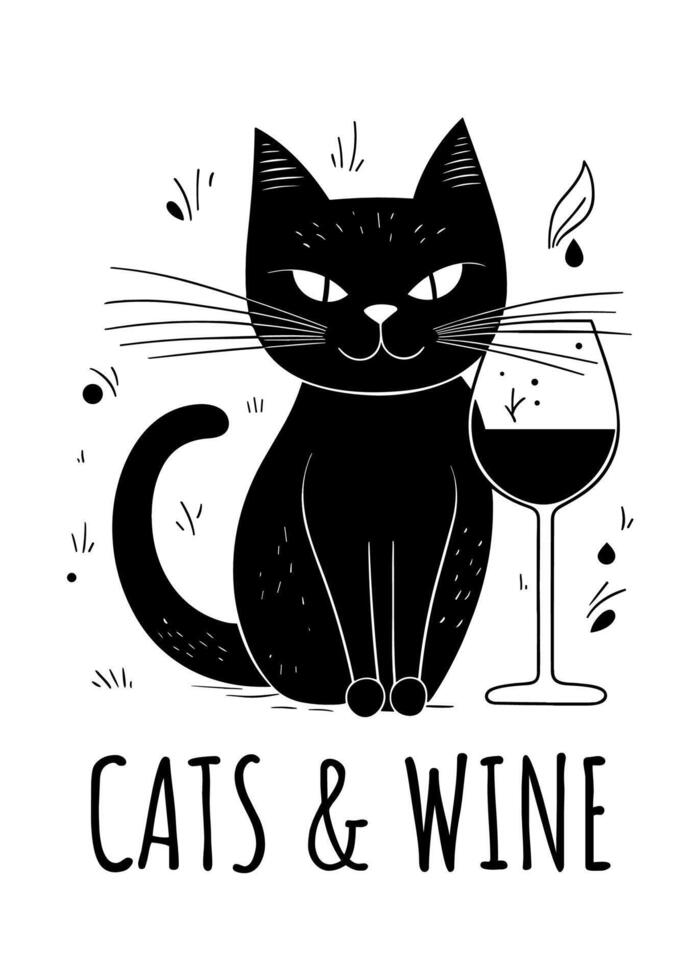 Katze Trinken Wein Katzen und Wein Konzept schwarz und Weiß minimalistisch Illustration zum Katze Mütter und Wein Liebhaber Geschenke druckbar Design Schnitt Datei vektor