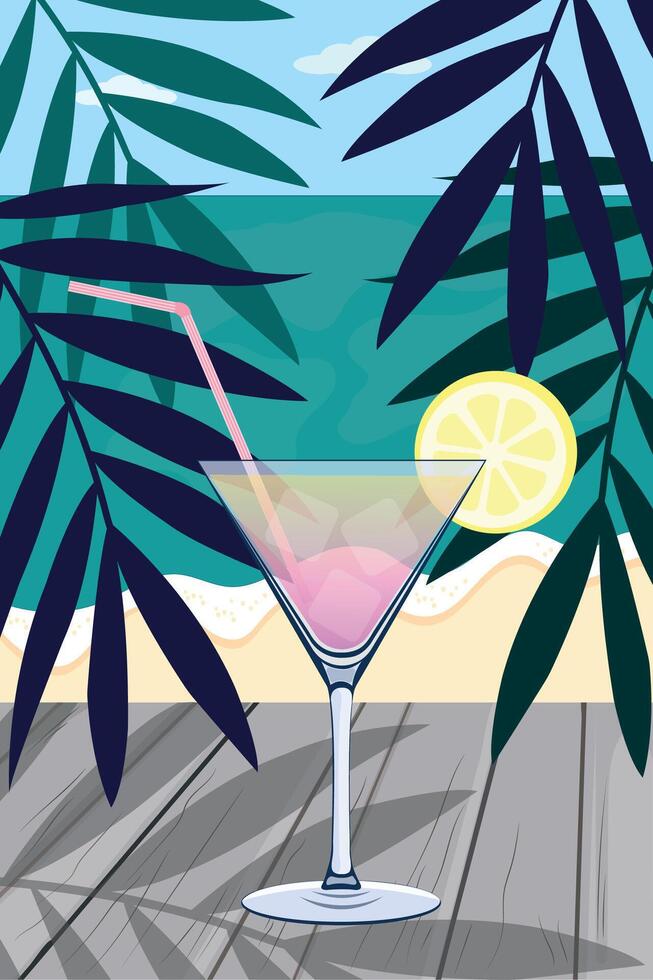 Sommer- Cocktail Hintergrund mit exotisch Blätter auf das Strand vektor