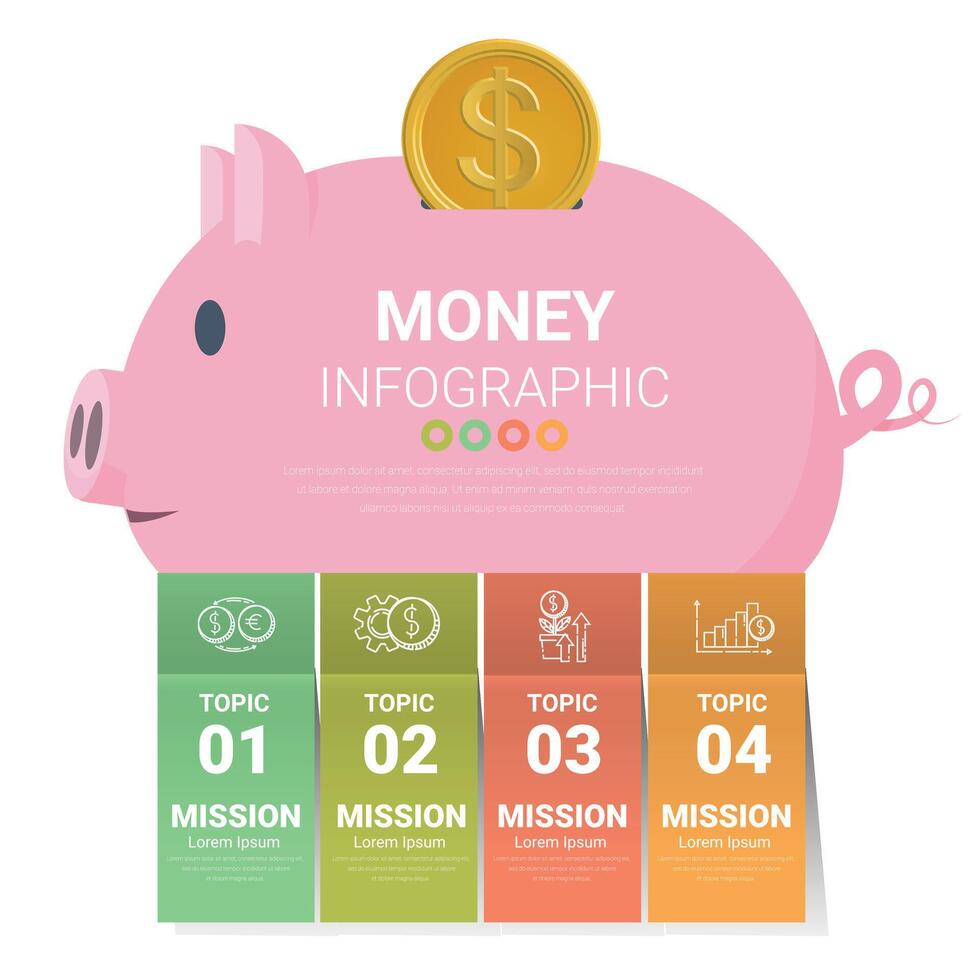 nasse Bank med guld mynt infographics med 4 etiketter, ha kvar och ackumulera kontanter besparingar. säker finansiera investering. finansiell tjänster. vektor