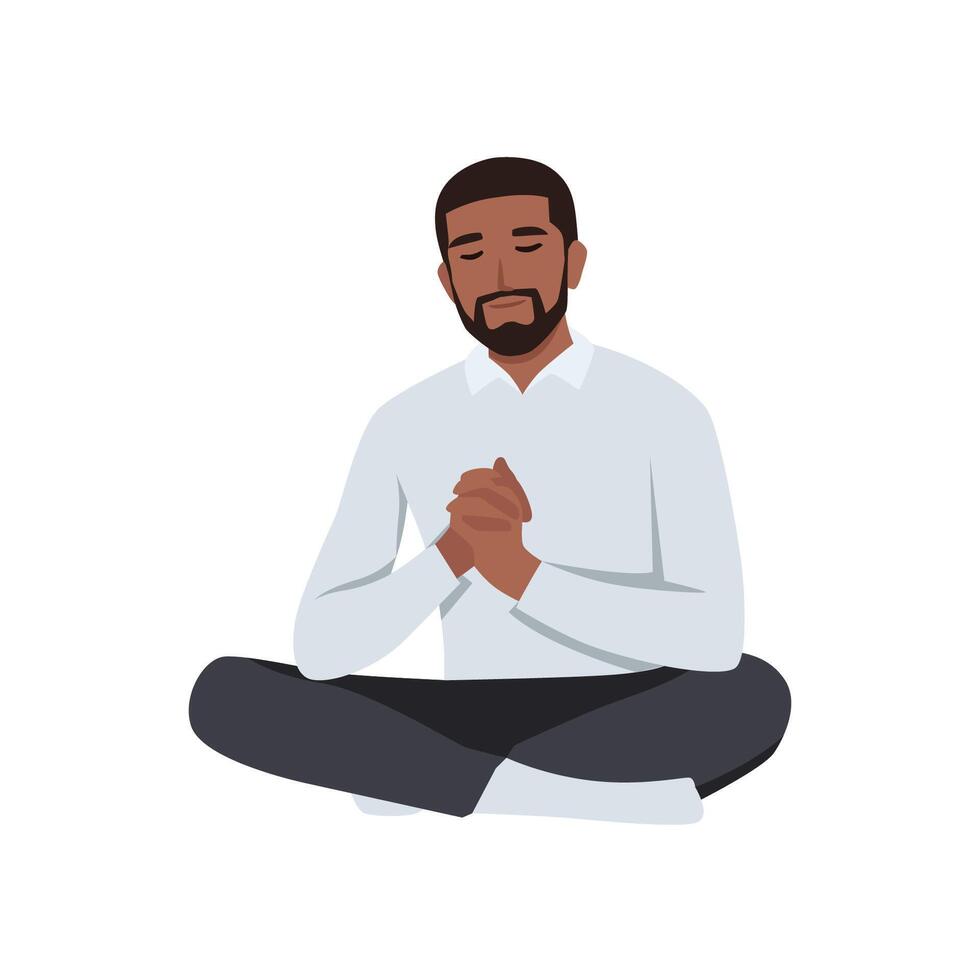 jung schwarz glücklich Mann beten zu Gott während sitzen auf das Boden. Palme Hand. Christian. vektor
