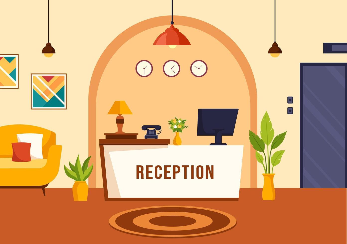 hotell reception interiör illustration med receptionist människor och resenärer för bokning i platt tecknad serie bakgrund vektor