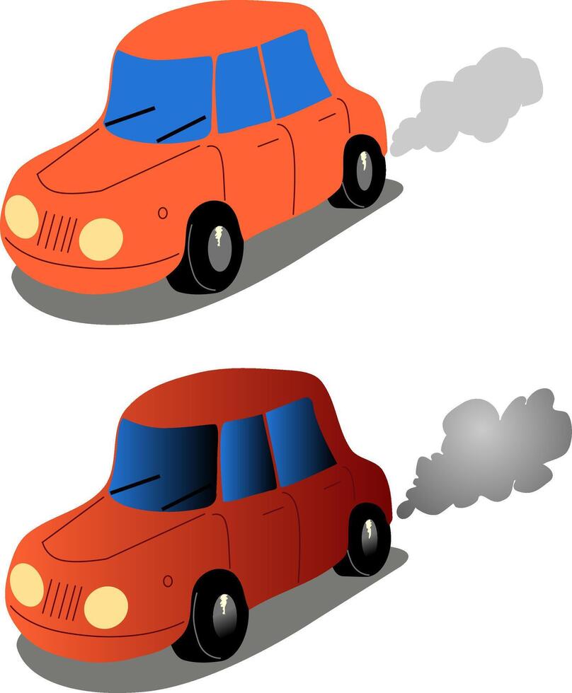 små röd bil i två varianter tecknad serie och lutning med rök och strålkastare på. illustration av en små bil i rörelse med en skugga under de kropp. röd tvådörrars bil vektor