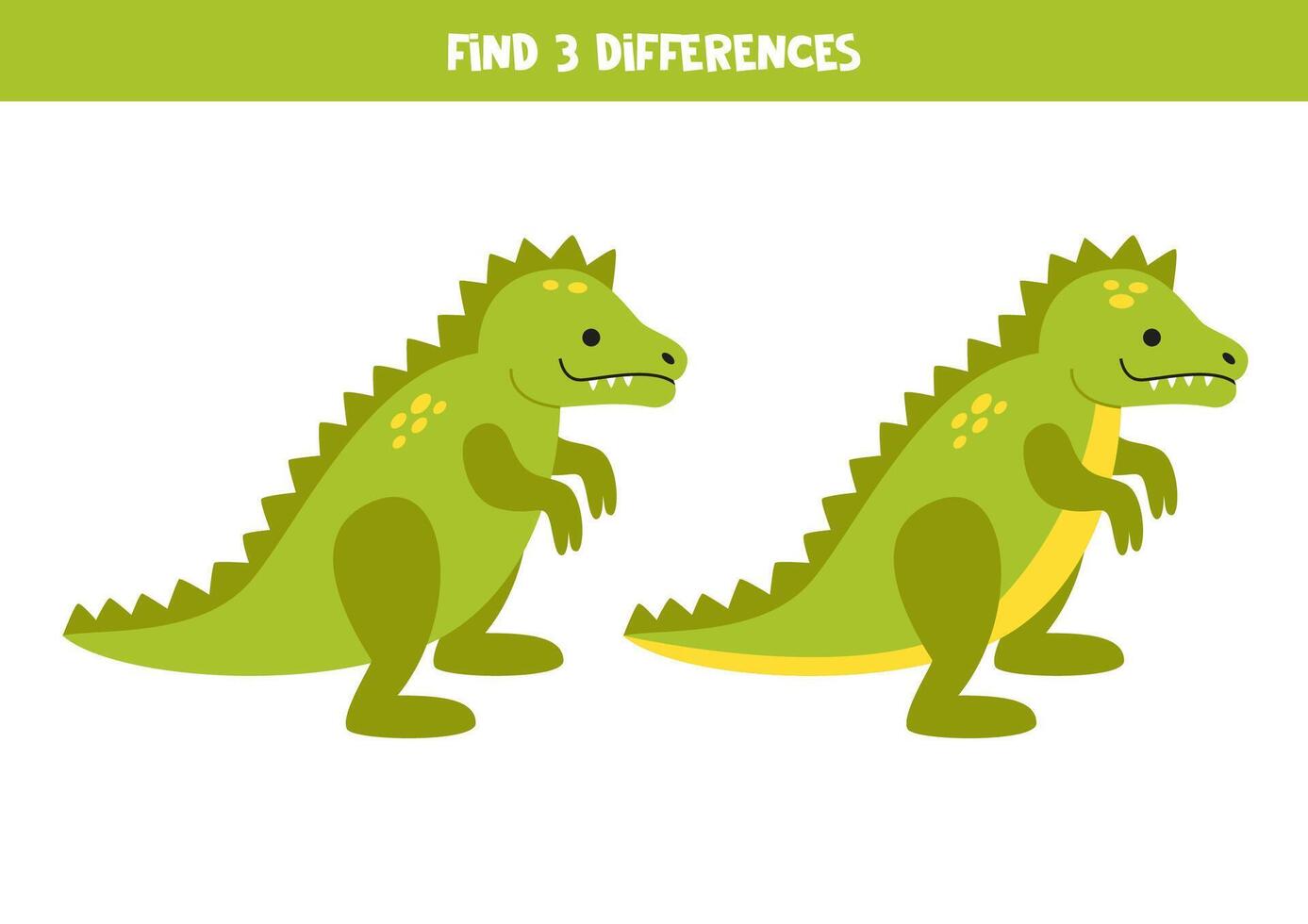 hitta 3 skillnader mellan två söt tecknad serie leksak grön dinosaurie. vektor