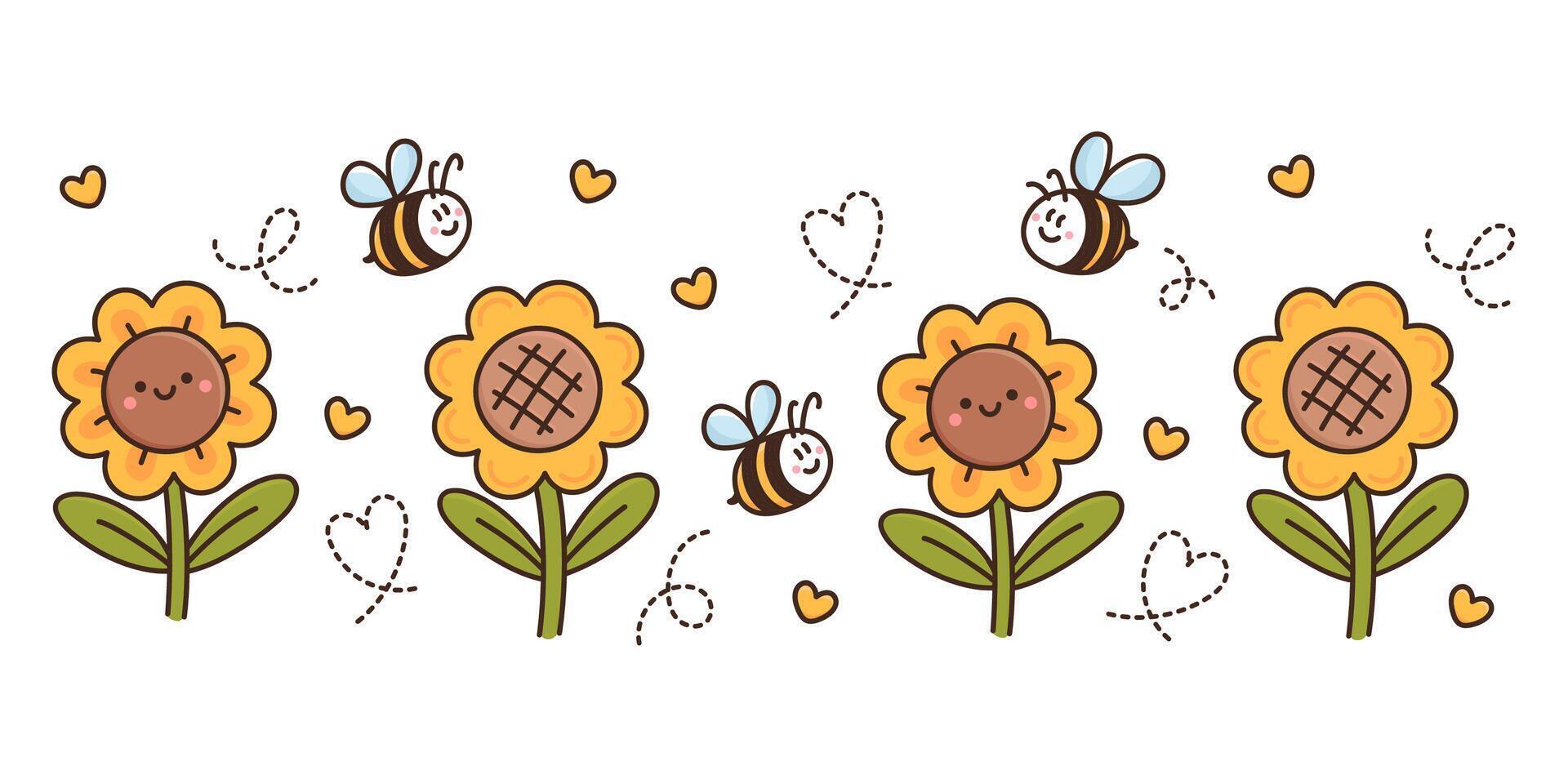 Sommer- oder Frühling Komposition von Design Elemente mit süß kawaii Sonnenblumen, Bienen, Herzen. schön drucken im Karikatur Stil vektor
