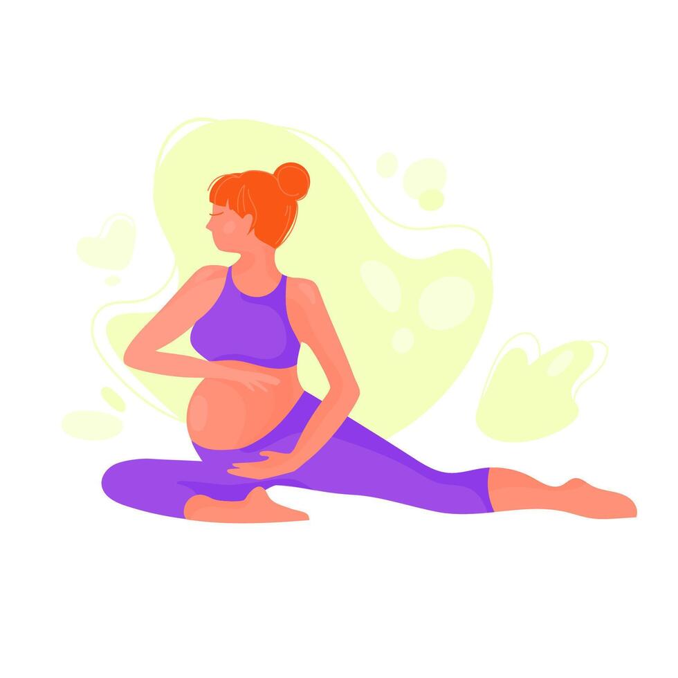 ung gravid kvinna i sportkläder gör övningar. Lycklig graviditet koncept.gravid kvinna håller på med yoga eller stretching fysisk övningar.moderna platt illustration vektor