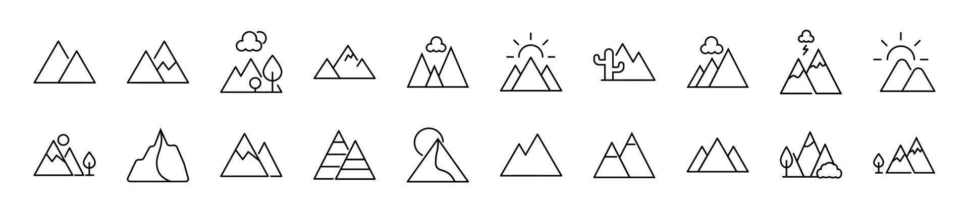 Pack von linear Symbole von Berg. editierbar Schlaganfall. linear Symbol zum Netz Websites, Zeitungen, Artikel Buch vektor