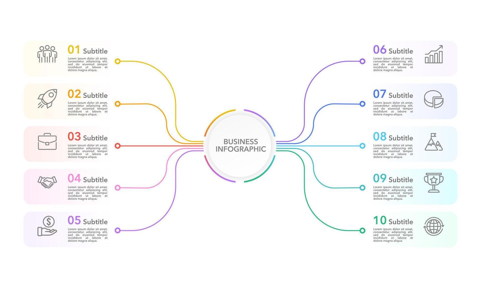 Geschäft Infografiken Elemente Daten. 10 Schritte Information. Geschäft Präsentation, Organisation, Projekt, Marketing und Planung. vektor