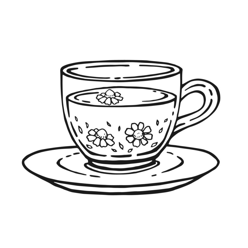 kopp av te med friska te, kamomill. hand dragen illustration i översikt stil. vektor