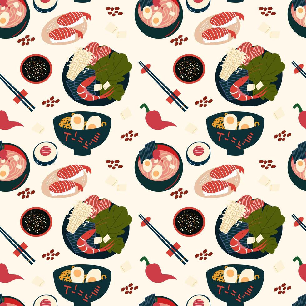 asiatisch Essen und Suppe. japanisch Nudel. nahtlos Muster. vektor