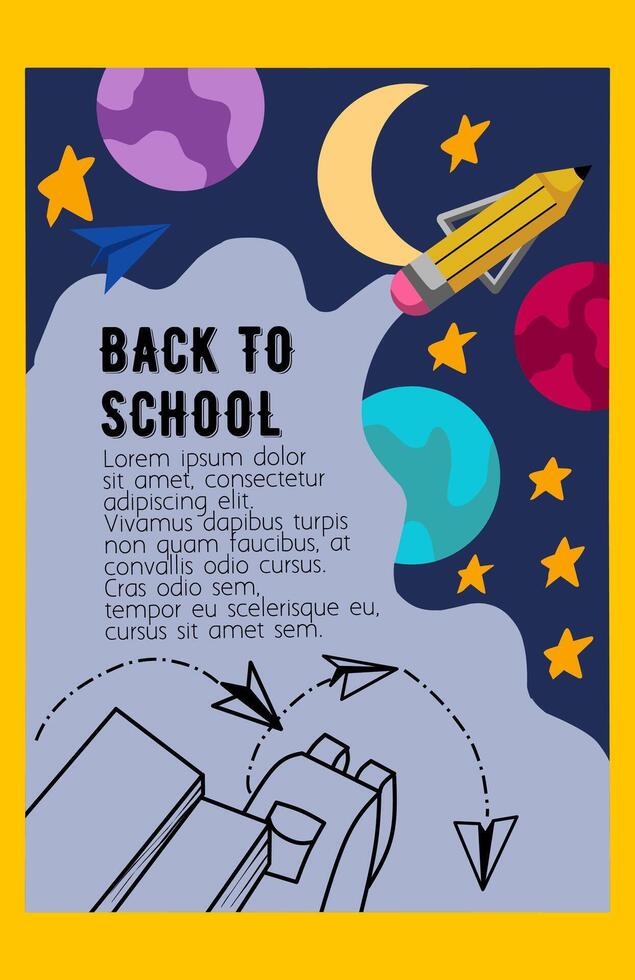 zurück zu Schule, online Schule Banner, Poster. Gelb Rucksack mit Schule liefert auf das Hintergrund von ein kariert Papier mit anders Gekritzel wissenschaftlich Symbole, Illustration vektor