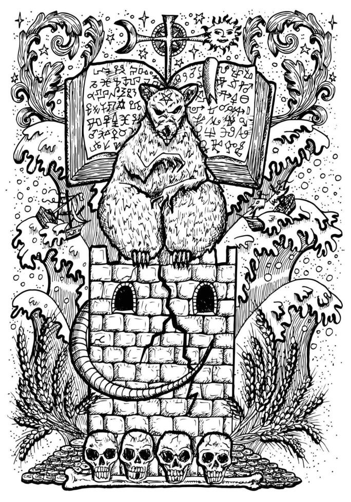 Ratte Symbol. unheimlich Ratte Sitzung auf Turm mit Buch und Mystiker Zeichen vektor
