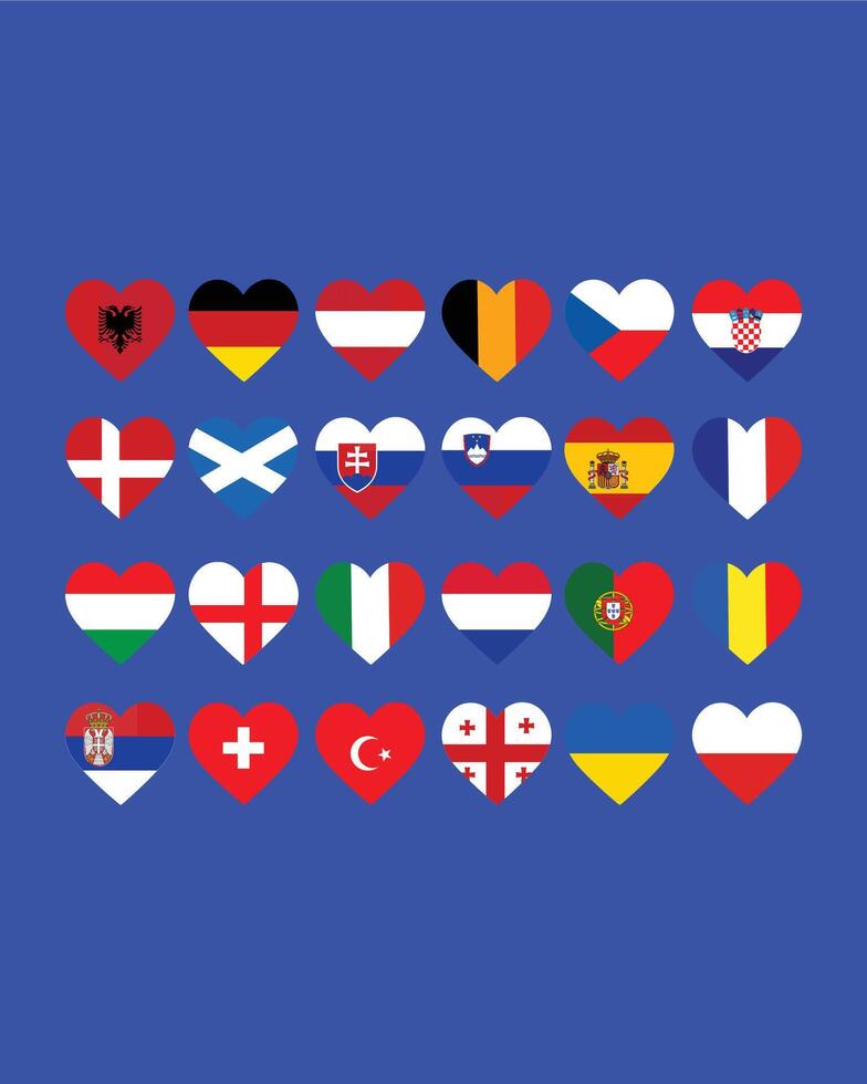 europeisk fotboll 2024 lag flaggor hjärta abstrakt design symbol europeisk fotboll nationer länder illustration vektor