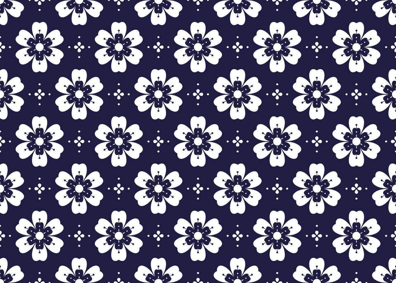 vit symbol blommor på mörk blå bakgrund, etnisk tyg sömlös mönster design för trasa, matta, batik, tapet, omslag etc. vektor