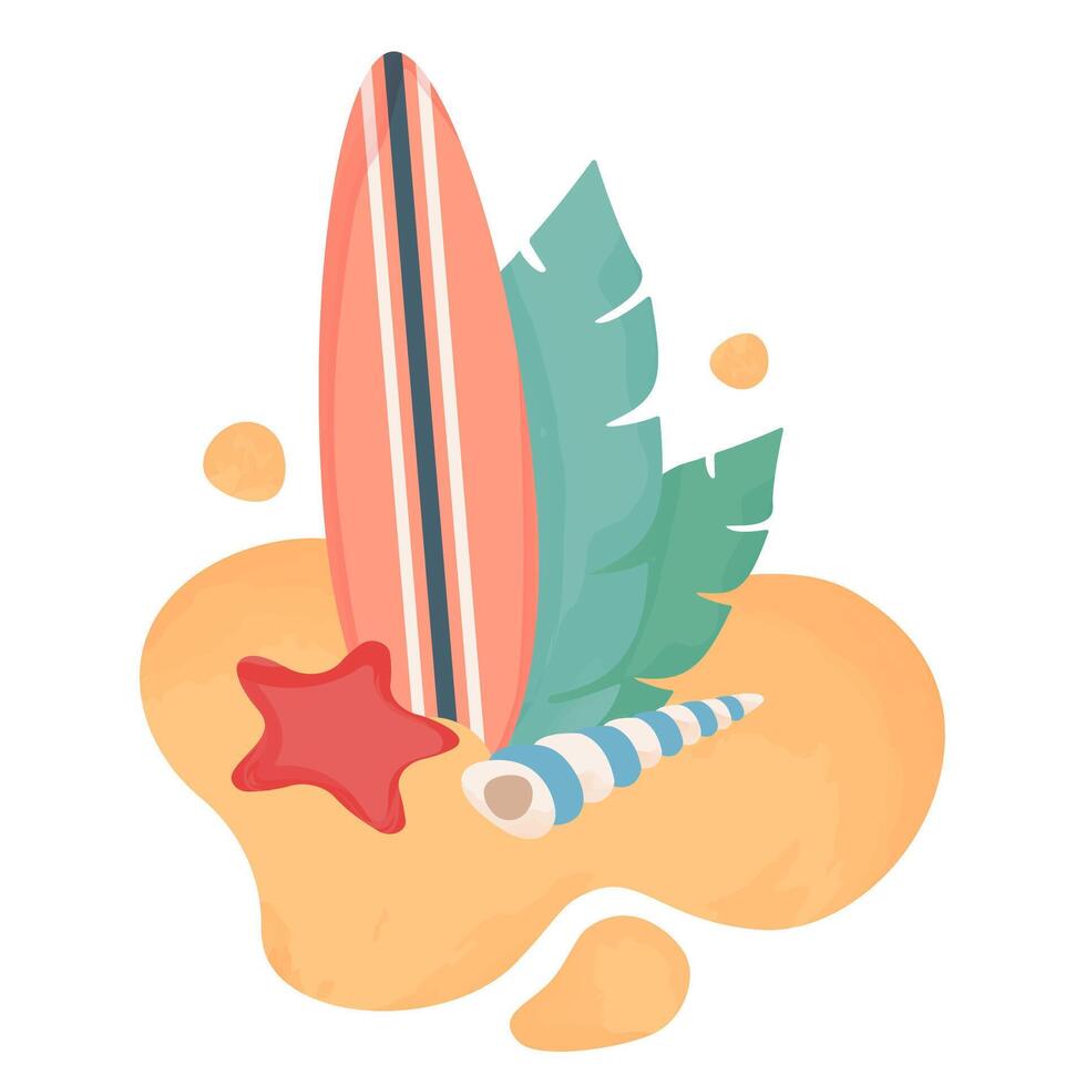 Surfbretter im Sand isoliert auf Weiß Hintergrund. Surfen. tropisch Insel mit exotisch Palme Blätter, Seestern, Muscheln. Sommer- Strand Hintergrund. eben Karikatur Illustration vektor