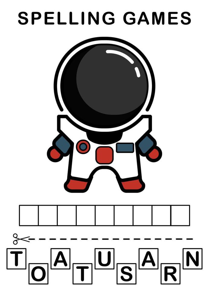buchstabieren das Wort. Illustration von Astronaut. Rechtschreibung Spiel zum Kinder. Bildung Arbeitsblatt druckbar a4 Größe vektor
