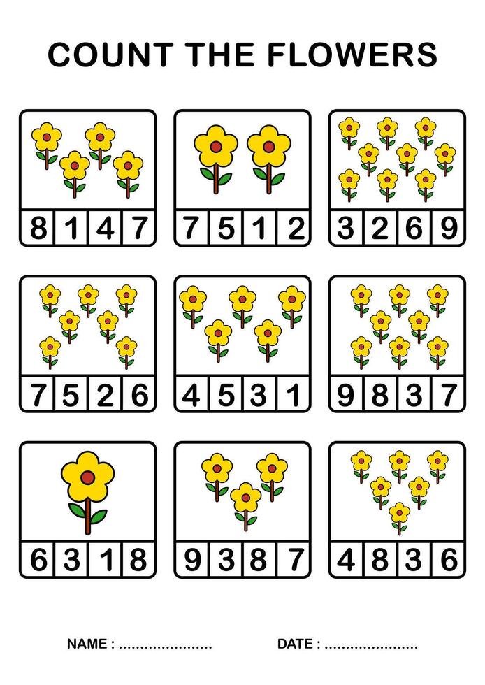 druckbar Arbeitsblatt Nummer Anzahl Sonnenblume zum Kindergarten und Vorschule, Drucken Größe a4 vektor