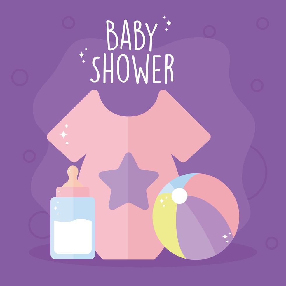baby shower bokstäver och en baby skjorta med rosa färg, nappflaska med mjölk och boll vektor