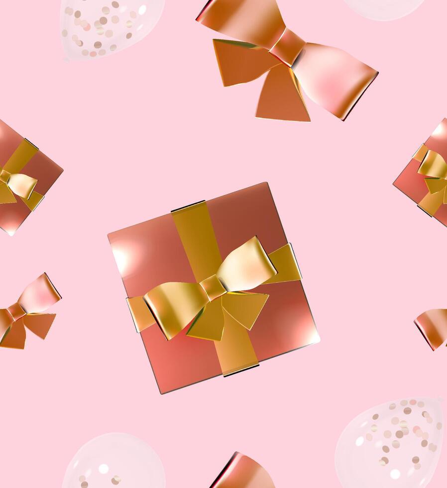 realistisch Rose Gold Geschenk Box mit Brille und Luftballons Feier nahtlos Muster vektor