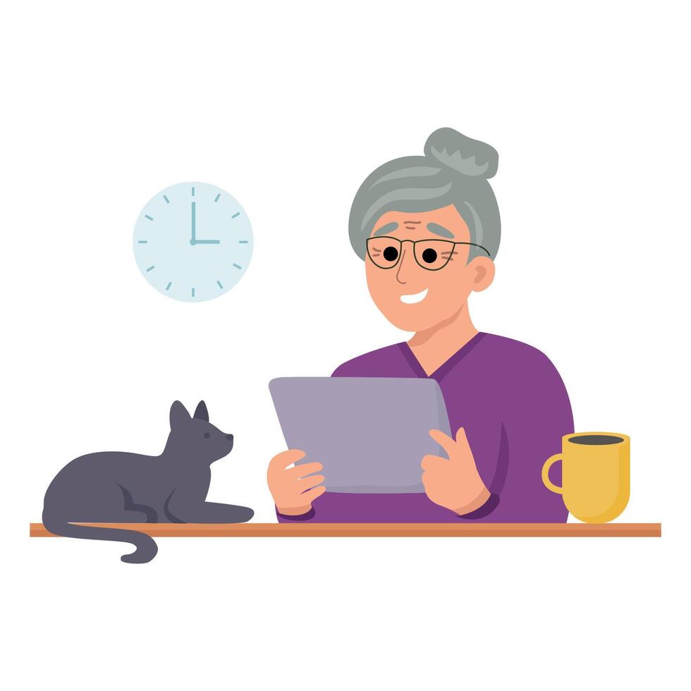 ett äldre kvinna användningar en läsplatta till kommunicera. illustration i tecknad serie stil på en vit bakgrund. vektor