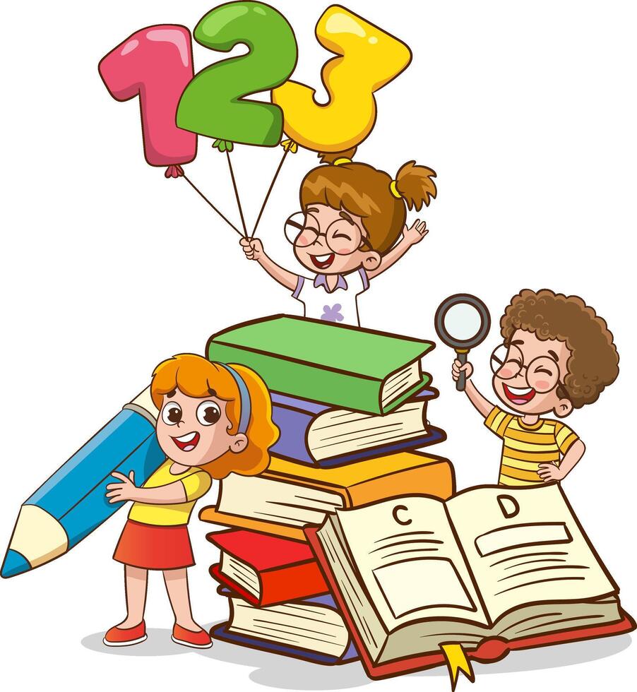 Lycklig söt tecknad serie skola barn.glada barn studerar och inlärning vektor