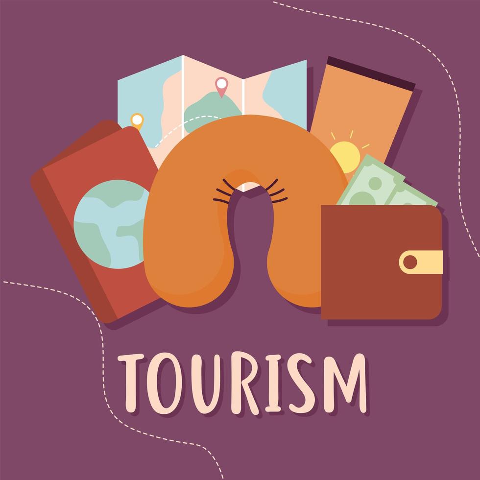 Tourismus-Schriftzug und Bündel von Reisesymbolen auf violettem Hintergrund vektor