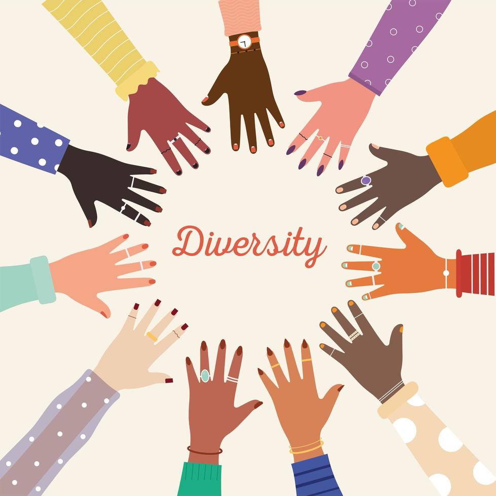 Diversity-Schriftzug und Vielfalt der vereinten Hände im Zentrum vektor