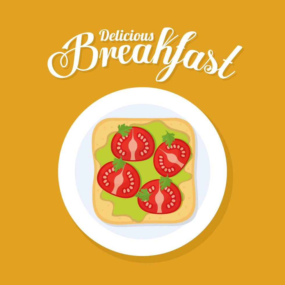 Delicius Breakfast Schriftzug und Brot mit Guacamole und Tomaten oben drauf vektor