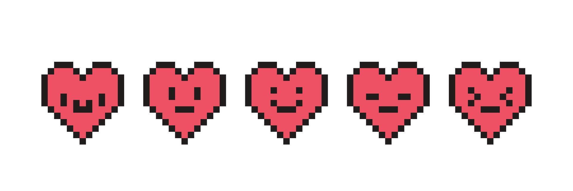 Pixel Herz einstellen mit Gesichter im retro Stil. Jahrgang Liebe Symbol, 8 bisschen Illustration zum Computer Spiel. Netz Taste. vektor