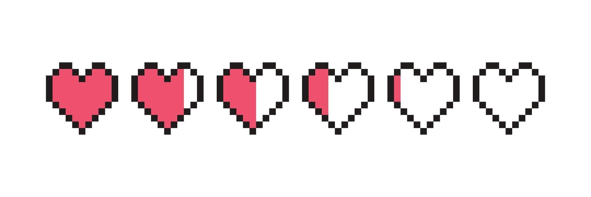 pixel spel liv bar. konst 8 bit hälsa hjärta bar. gaming kontroller, symboler uppsättning. vektor
