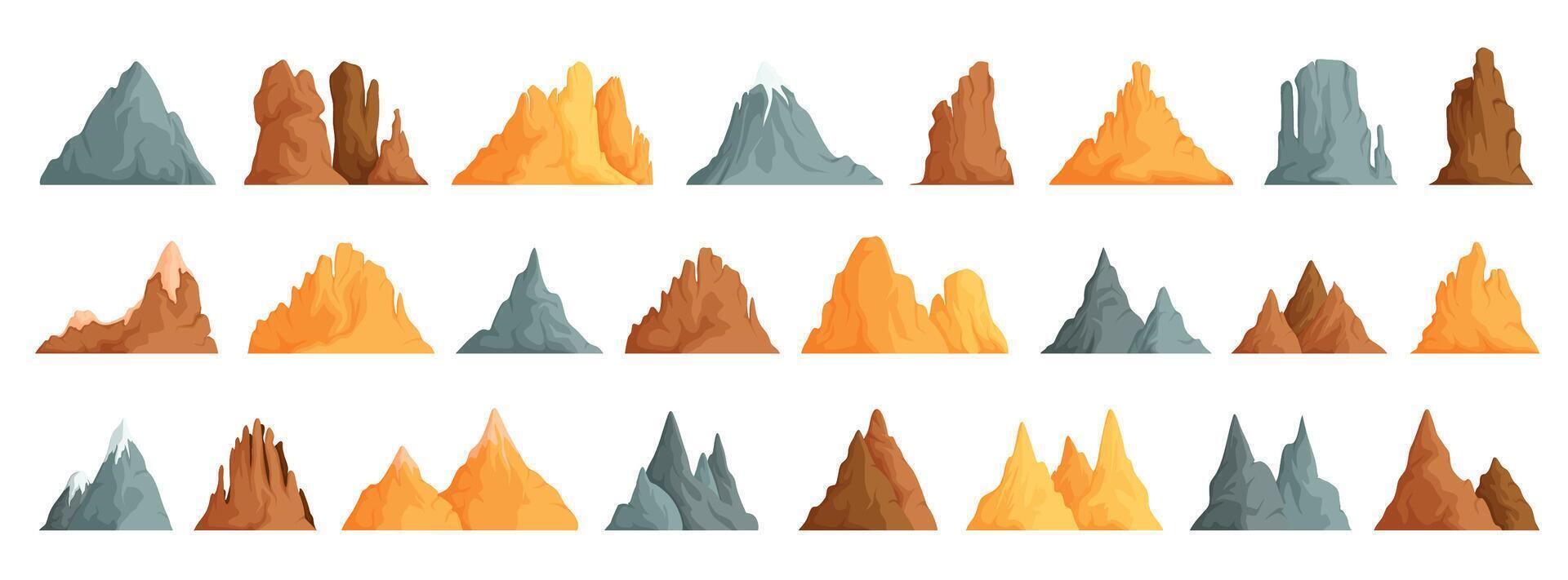 uppsättning av isolerat snöig berg, berg topp, kulle, isberg, naturlig landskap. landskap camping och vandring. utomhus- resa, äventyr, turism, bergsklättring design element vektor