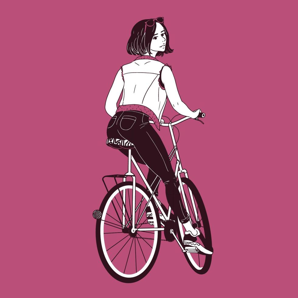 underbar ung kvinna bär jeans, utbildare och väst ridning cykel. flicka klädd i trendig kläder Sammanträde på cykel dragen med svart kontur rader på rosa bakgrund. tillbaka se. illustration. vektor