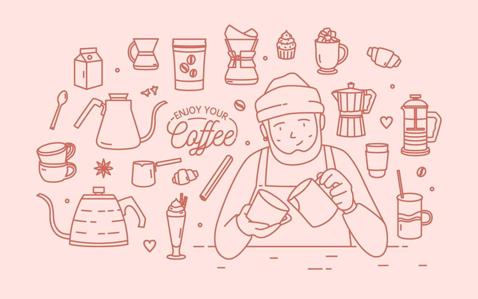 Kaffee Banner mit freundlich Barista. Linie Kunst Illustration. vektor