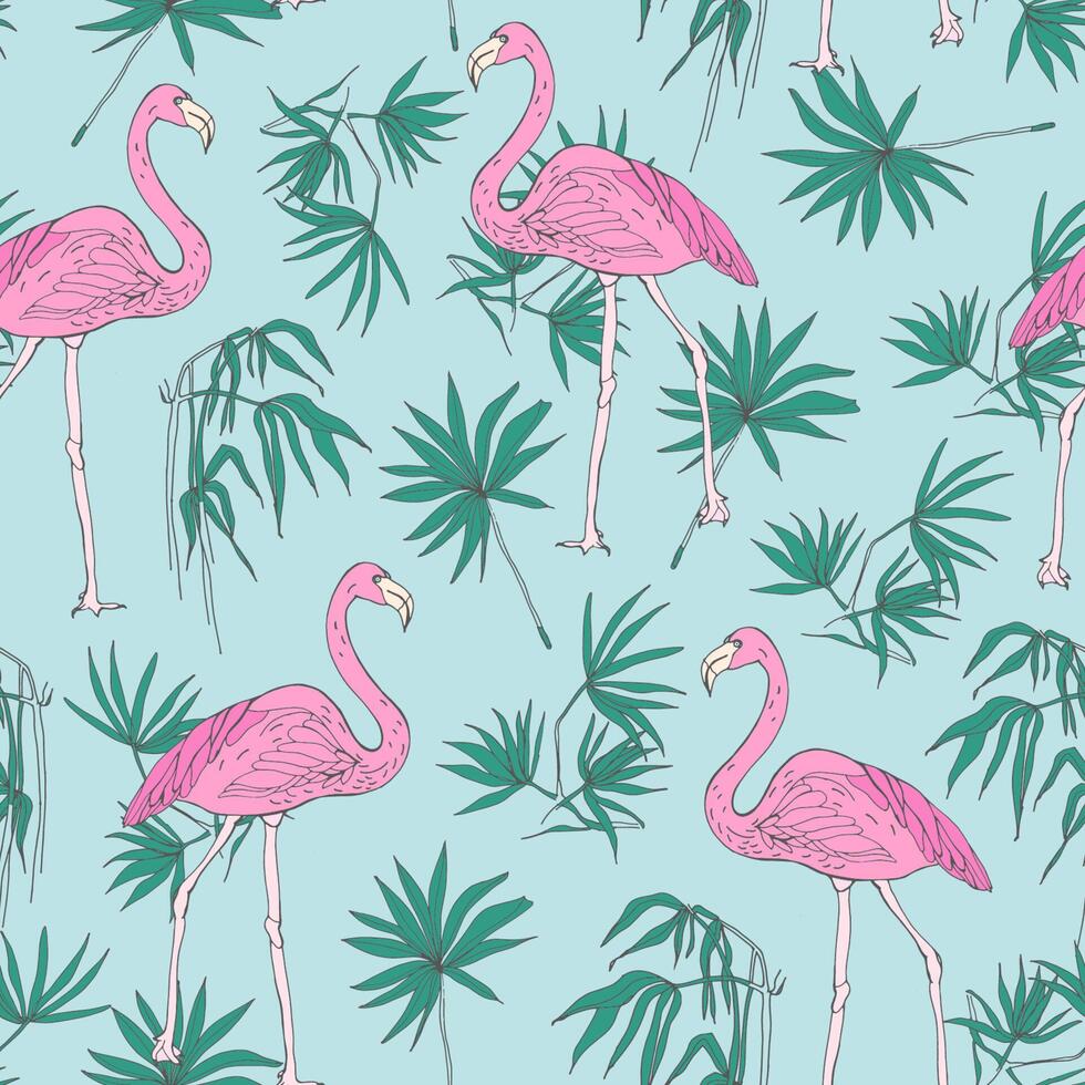 skön tropisk sömlös mönster med rosa flamingo fåglar och grön djungel handflatan lövverk hand dragen på blå bakgrund. illustration för bakgrund, tapet, tyg skriva ut, omslag papper. vektor