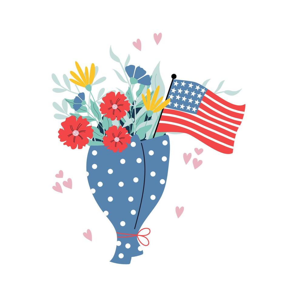 handgemalt Blume Strauß mit amerikanisch Flagge. Design auf 4 .. von Juli mit Mohn Blumen. vektor