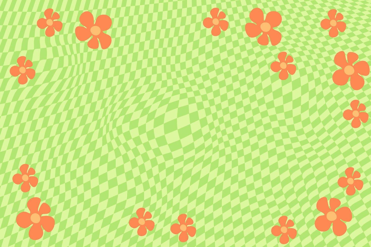 grön retro psychedelic checkerboard mönster med orange blommor. häftig skraj texturer. vektor