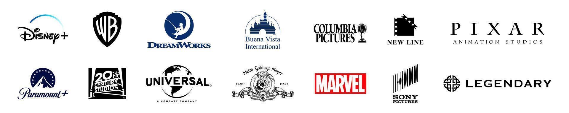 populär filma och bio studio företag logotyp uppsättning. drömverk, förundras, universell, av största vikt, slitna bröder, sony, pixar, 20:e århundrade räv, disney. rivne, ukraina - november 20, 2023 vektor