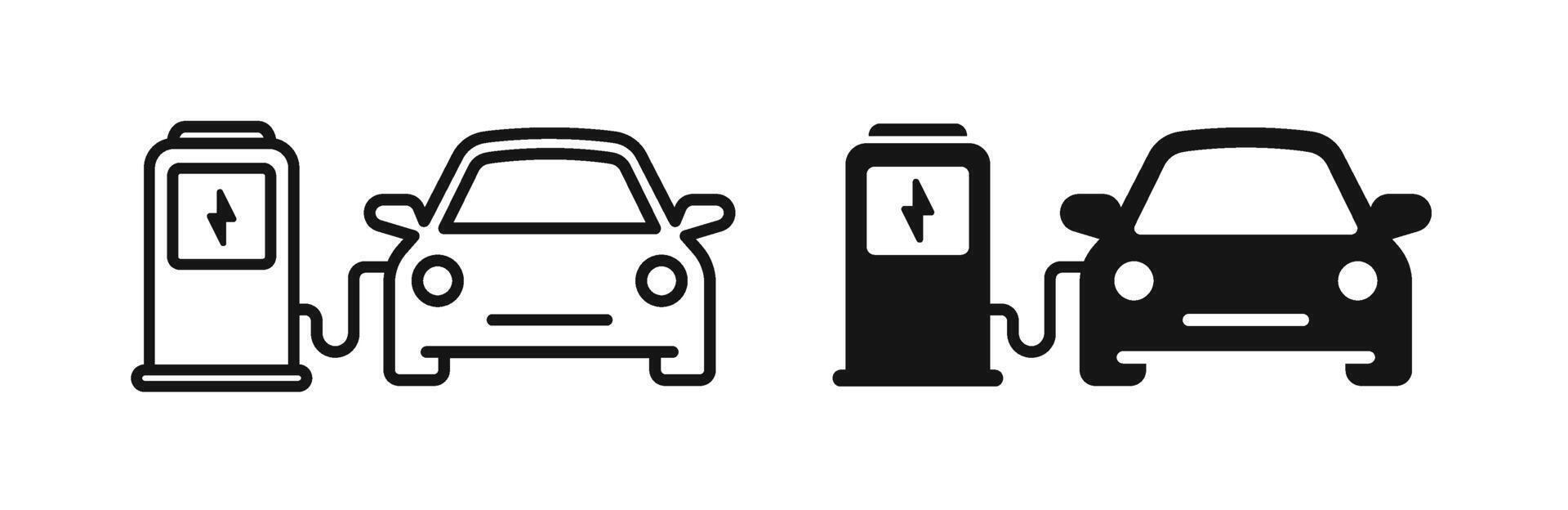 elektrisch Auto Symbol Satz. Elektromobil Laden Bahnhof. Auto Akkumulator aufladen. elektrisch Auto aufladen Bahnhof Symbole vektor