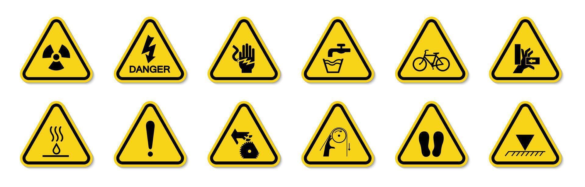fara gul triangel tecken. varning tecken samling. varna platt symbol uppsättning. vektor