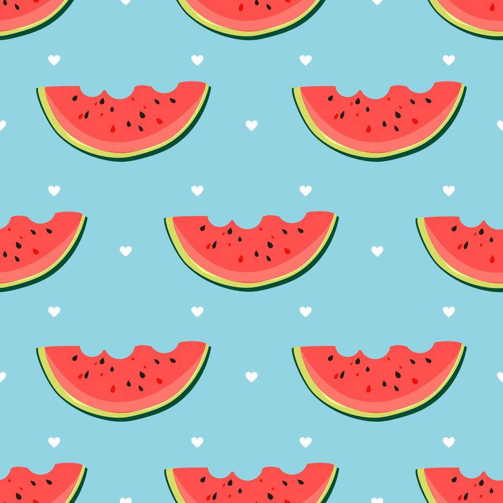 skivor av vattenmelon. sömlös söt mönster. sommar vibrafon. vattenmelon röd på en blå bakgrund. vektor