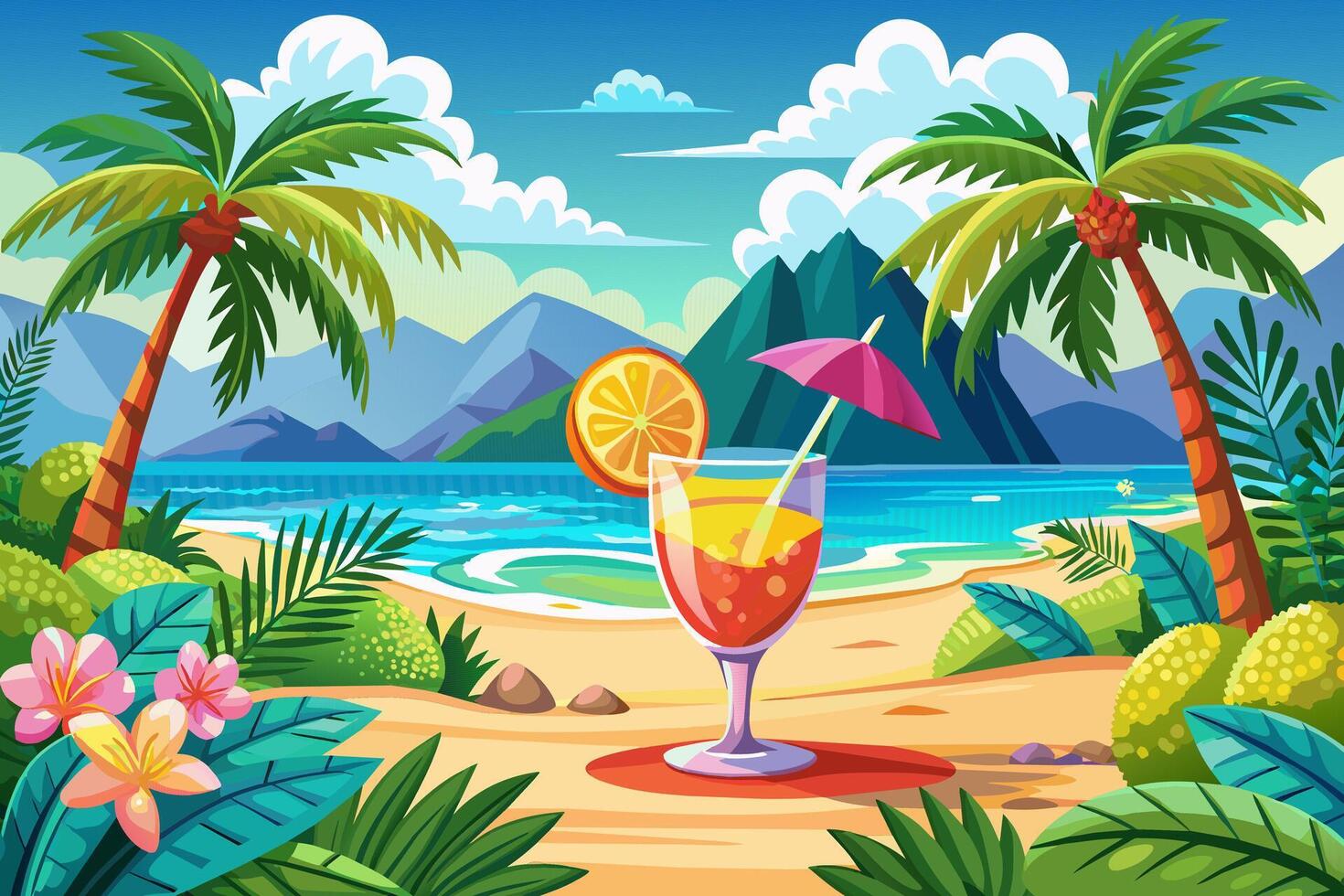 uppfriskande tropisk cocktail mot tropisk hav bakgrund. vibrerande dryck i naturlig miljö. begrepp av sommar drycker, uppfriskande drycker, exotisk cocktails, fritid. illustration vektor